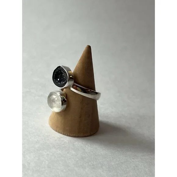 Geode & Clear Quartz Ring 925 Sterling Silver, Size 7 Adjustable - Picture 11 of 15